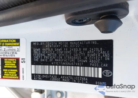 2022 Toyota Camry Le from USA, damaged, VIN 4T1C11AK6NU674827